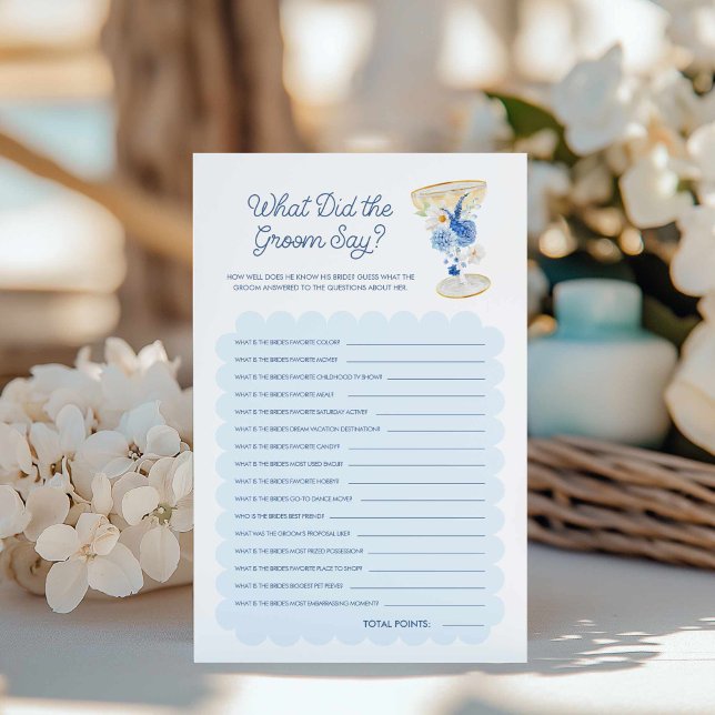 Blue Floral What did the Groom Bridal Game (What did the groom say blue floral bridal shower game)