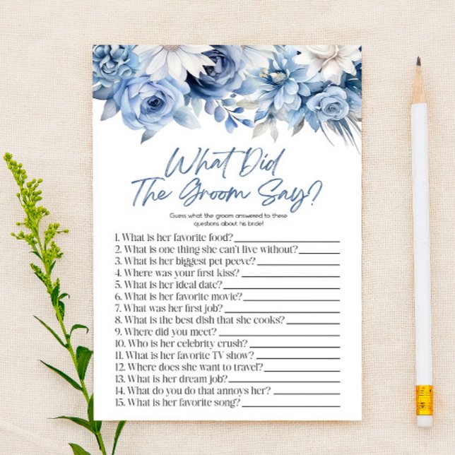 Blue Floral What The Groom Say Bridal Shower Game Stationery (Creator Uploaded)