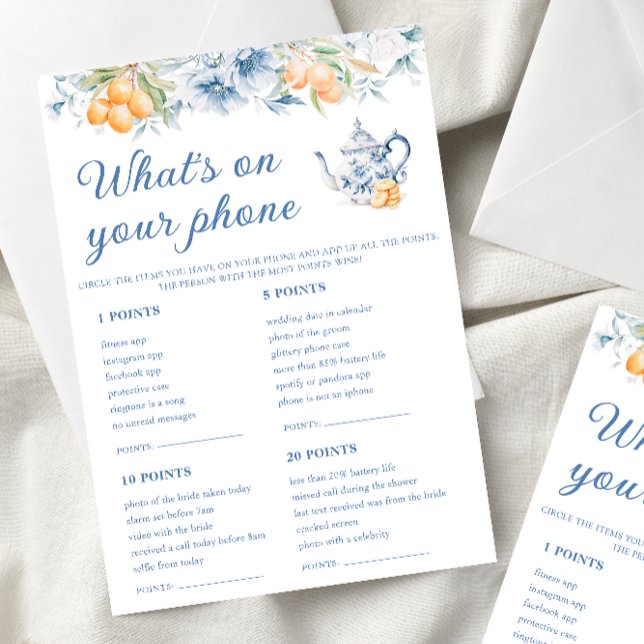 Blue Floral What's On Your Phone Bridal Game Cards (Creator Uploaded)