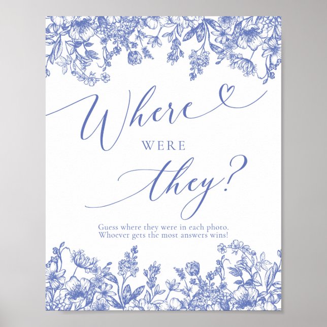 Blue Floral Where Were They Bridal Shower Game Poster (Front)