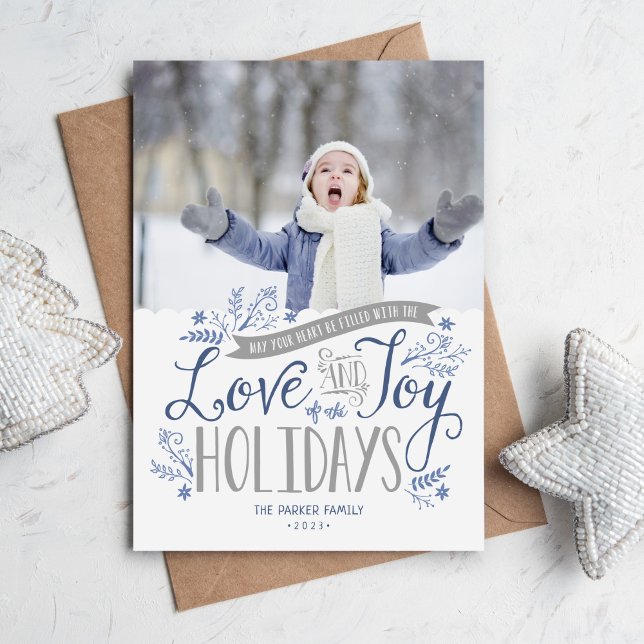 Blue Floral Whimsy Holiday Photo Card (Creator Uploaded)