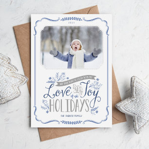 Blue Floral Whimsy Holiday Photo Card