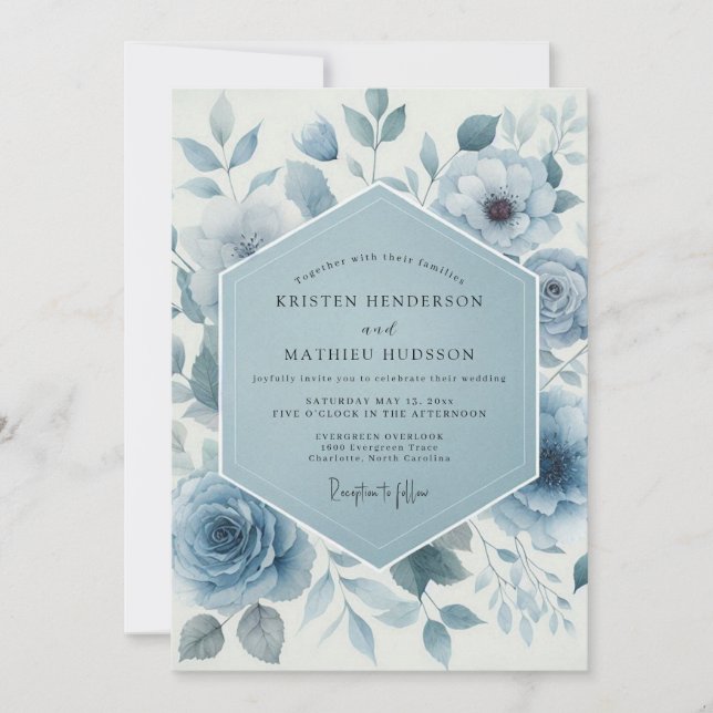 Blue Floral Whimsy Wedding Invitation (Front)