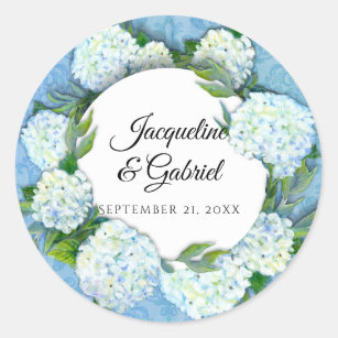 Blue Floral White Hydrangea Leaf Damask Wedding Classic Round Sticker