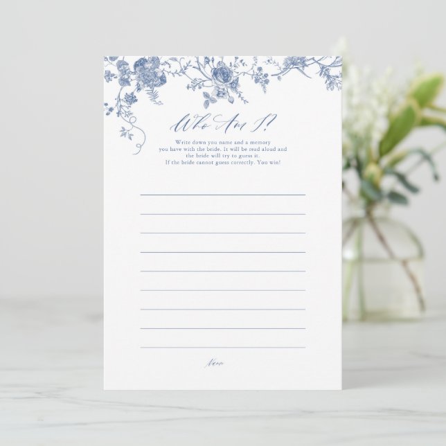Blue Floral Who Am I Bridal Shower Game Cards (Standing Front)