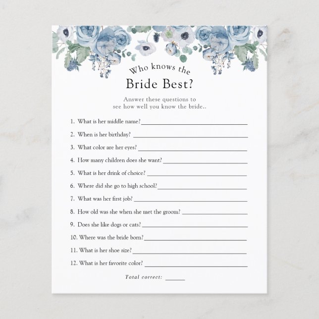 Blue Floral Who Knows the Bride Best Bridal Game (Front)