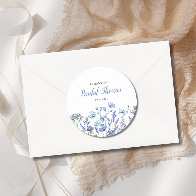 Blue Floral Wildflower Bridal Shower  Classic Round Sticker (Creator Uploaded)