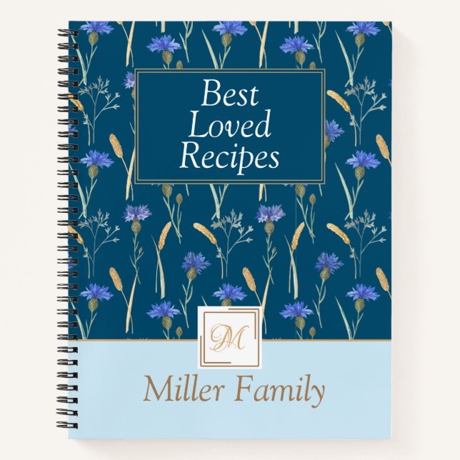Blue Floral Wildflower Mongoram Recipe Notebook (Front)