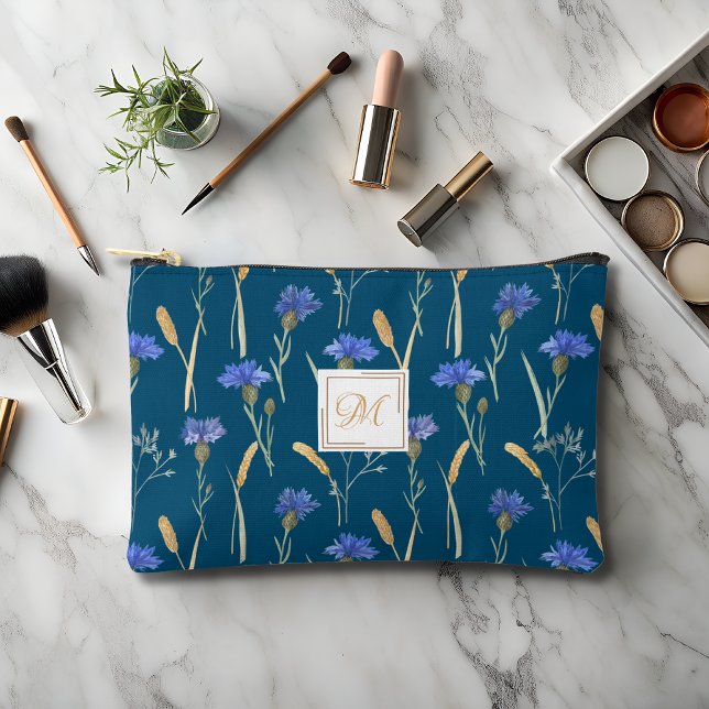 Blue Floral Wildflower Monogram Accessory Pouch (Creator Uploaded)