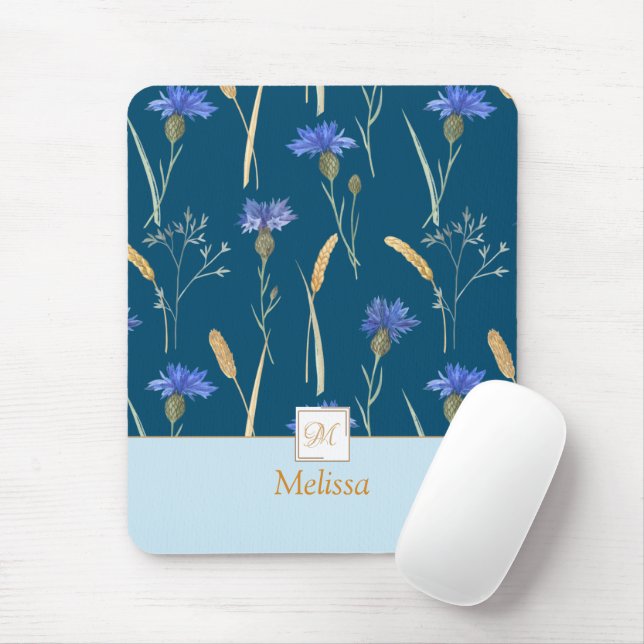 Blue Floral Wildflower Monogram Mouse Pad (With Mouse)