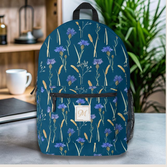 Blue Floral Wildflower Monogram Printed Backpack (Creator Uploaded)