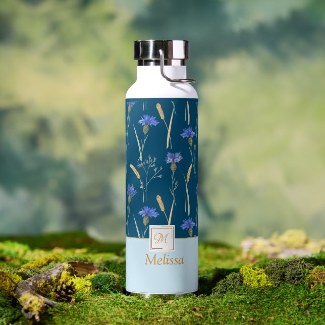 Blue Floral Wildflower Monogram Water Bottle (Outdoor)
