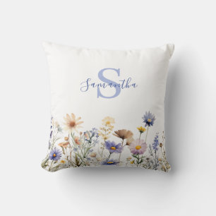 Blue Floral Wildflower Personalised Cushion