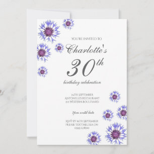 Blue Floral Wildlfower 30th Birthday Party Invitation