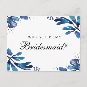 Blue floral Will you be my bridesmaid. Navy flower Invitation Postcard