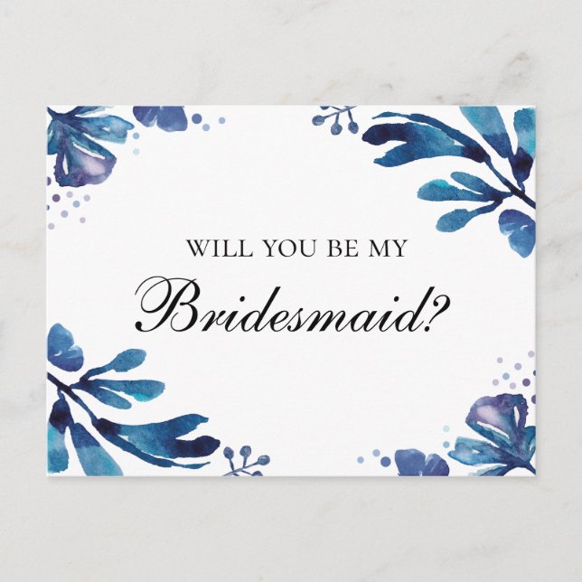 Blue floral Will you be my bridesmaid. Navy flower Invitation Postcard (Front)