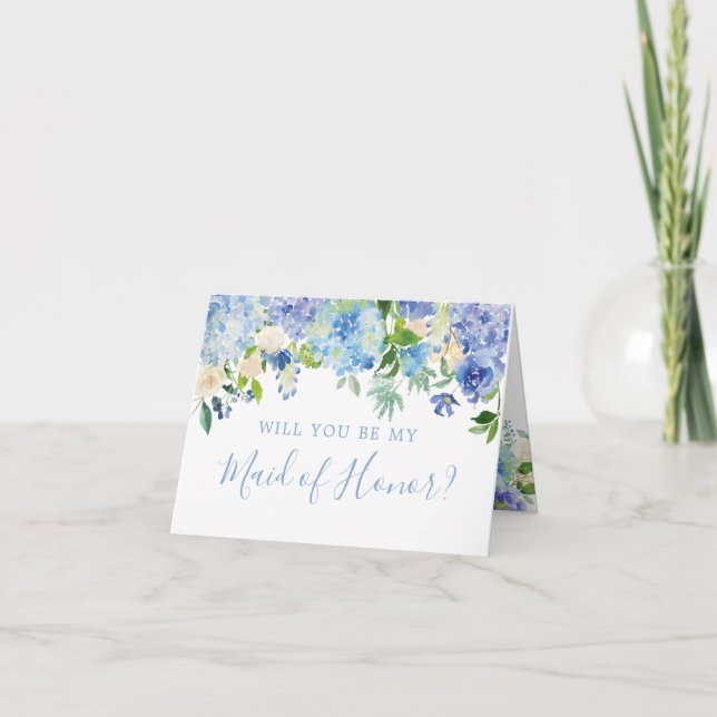 Blue Floral Will You Be My Maid of Honour Card (Front)