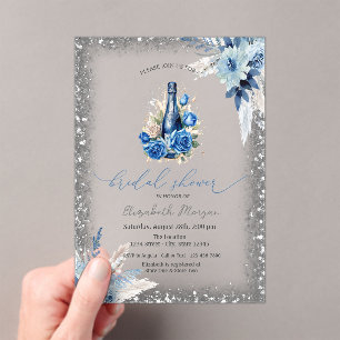 Blue Floral Wine Bottle Glitter Frame Bridal Showe Acrylic Invitations