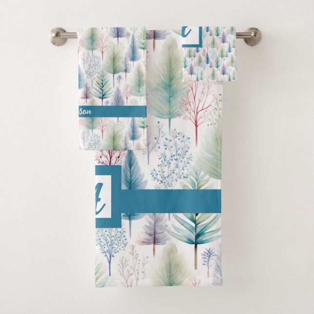 Blue Floral Winter Tree Forest Bath Towel Set (Insitu)