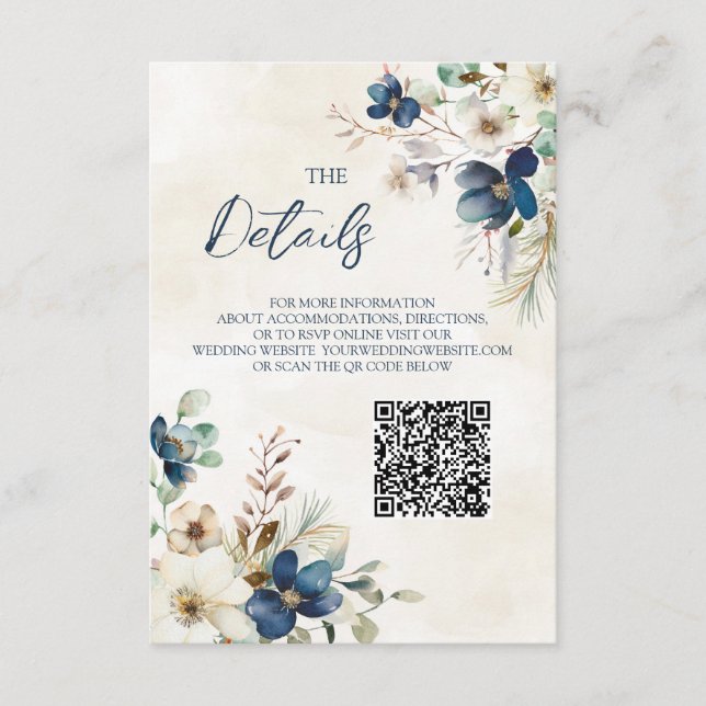 Blue Floral Winter Wedding QR code Details Insert (Front)