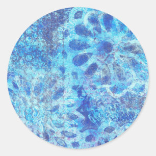Blue Floral with Black Accents Monoprint Design Classic Round Sticker