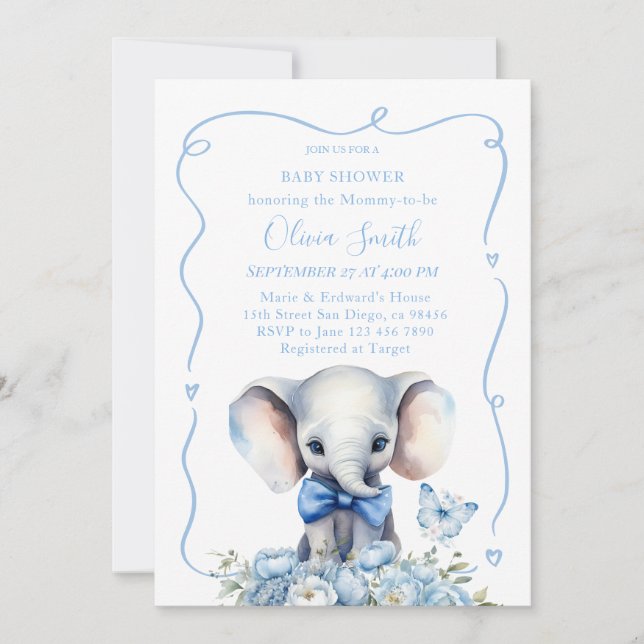 Blue Floral With Butterfly Elephant Baby Shower Invitation (Front)