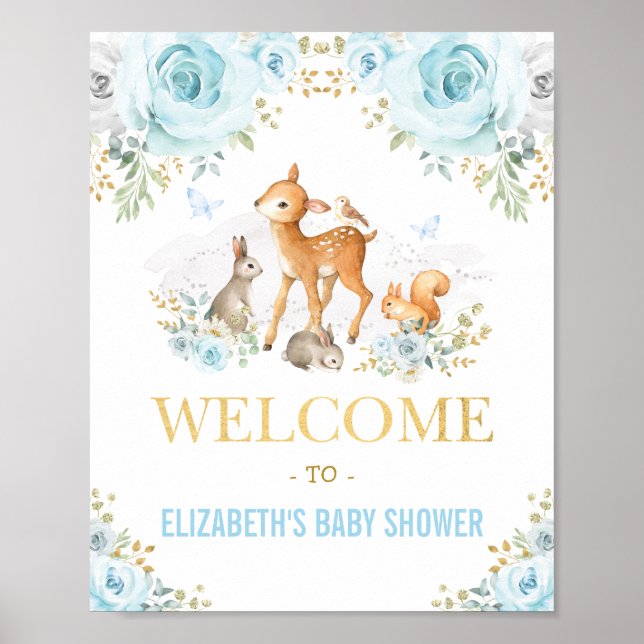 Blue Floral Woodland Animals Baby Shower Welcome Poster (Front)