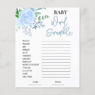Blue Floral Word Scramble Baby Shower Game