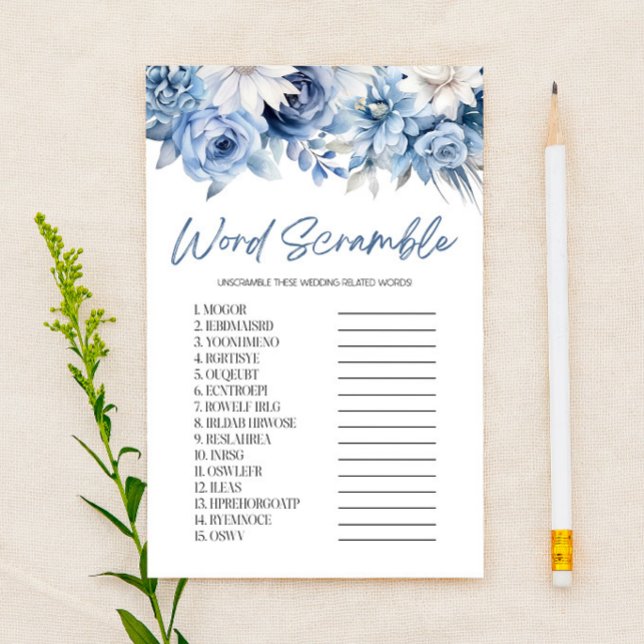 Blue Floral Word Scramble Bridal Shower Game  Stationery (Creator Uploaded)