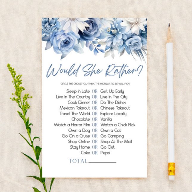 Blue Floral Would She Rather Baby Shower Game (Creator Uploaded)