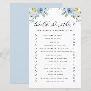 Blue Floral Would She Rather Baby Shower Game Card