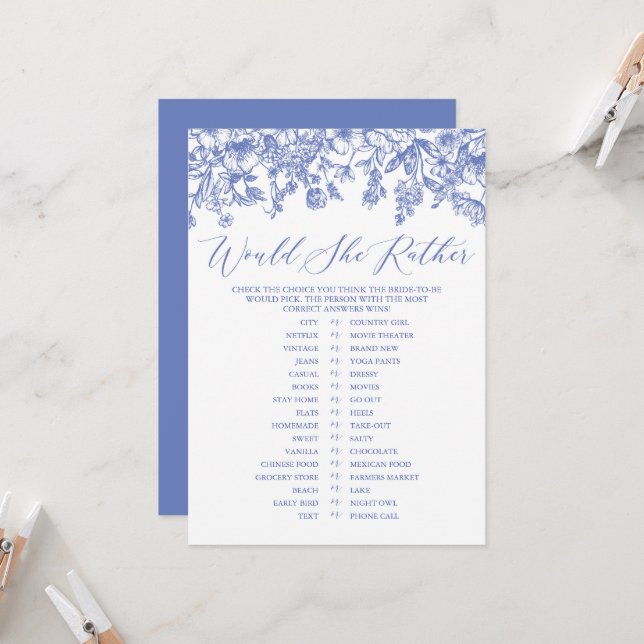 Blue Floral Would She Rather Bridal Shower Game Invitation (Front/Back In Situ)