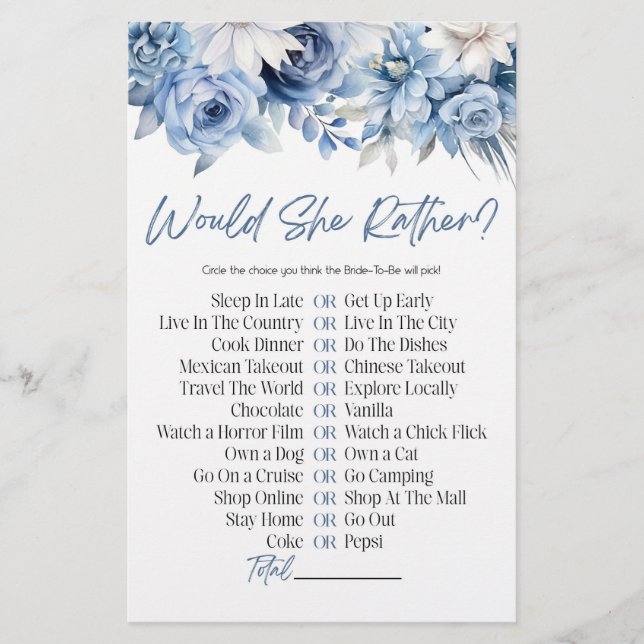 Blue Floral Would She Rather? Bridal Shower Game Stationery (Front)