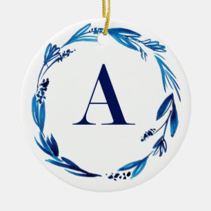 Blue Floral Wreath 'A' Ceramic Tree Decoration
