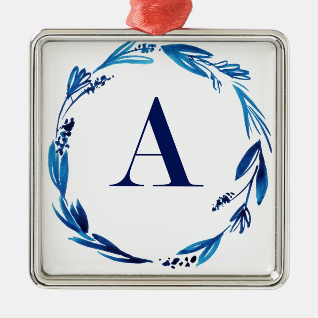 Blue Floral Wreath 'A' Metal Tree Decoration (Front)