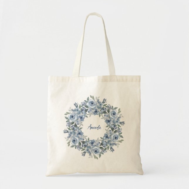 Blue Floral Wreath and Bow Personalized  Tote Bag (Front)