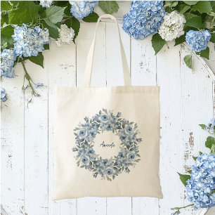 Blue Floral Wreath and Bow Personalized  Tote Bag
