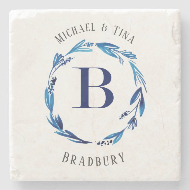 Blue Floral Wreath 'B' Monogram Stone Coaster (Front)