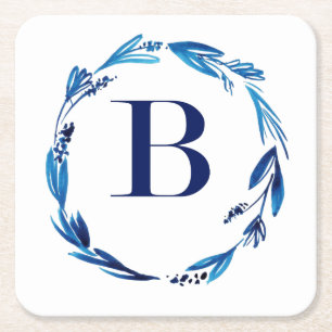 Blue Floral Wreath 'B' Square Paper Coaster