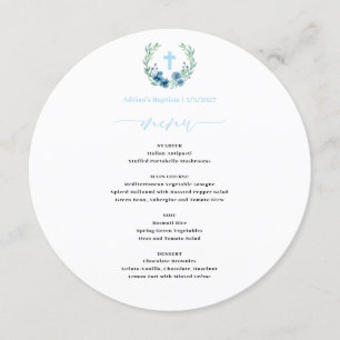 Blue Floral Wreath Baby Boy Baptism Round Menu