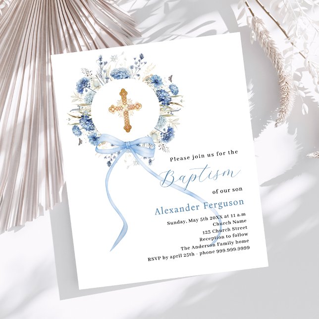 Blue floral wreath bow boy baptism invitation (Creator Uploaded)