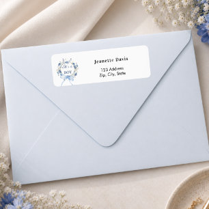 Blue floral wreath boy baby shower return address 