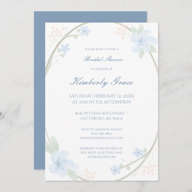 Blue Floral Wreath Bridal Shower Invite (Front/Back)
