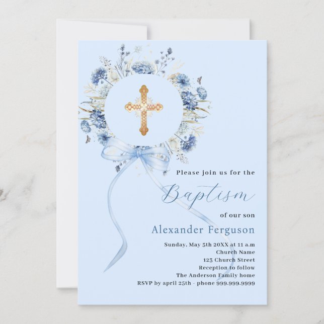 Blue floral wreath cross bow boy baptism invitation (Front)