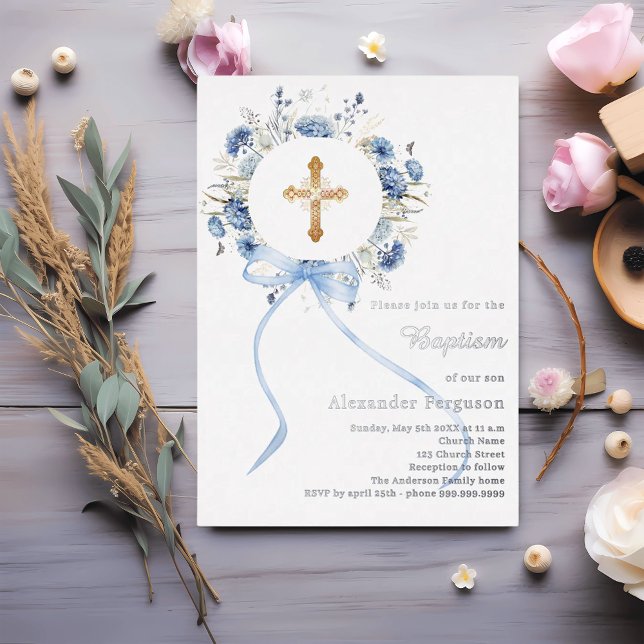 Blue floral wreath cross bow boy baptism silver (Creator Uploaded)