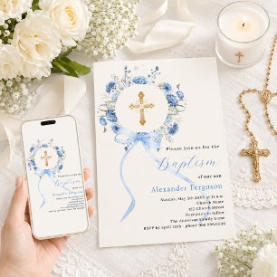 Blue floral wreath cross bow boy cream baptism invitation