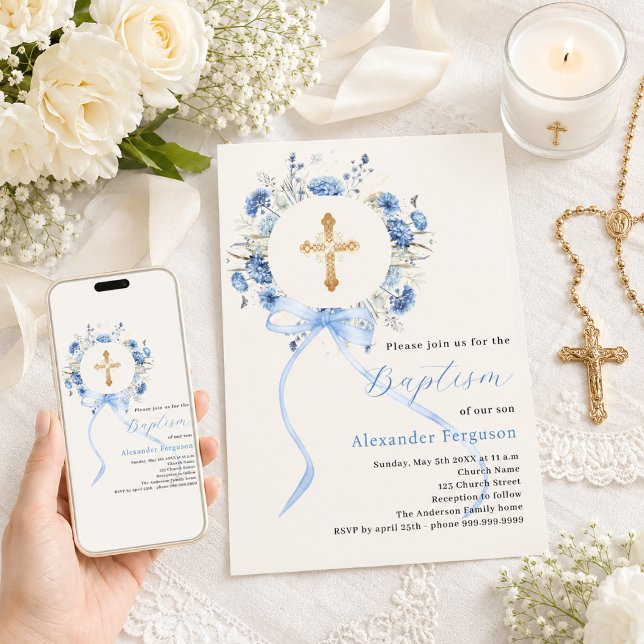 Blue floral wreath cross bow boy ivory baptism invitation (Creator Uploaded)