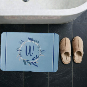 Blue Floral Wreath Custom Monogram Stripes Bath Mat