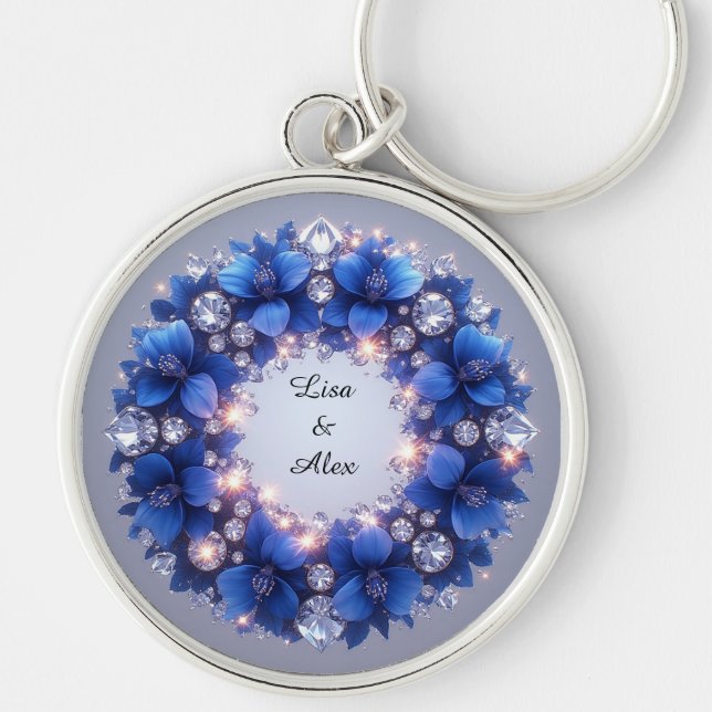 🌿 Blue Floral Wreath Custom Name Gift Charm 🔑 Key Ring (Front)