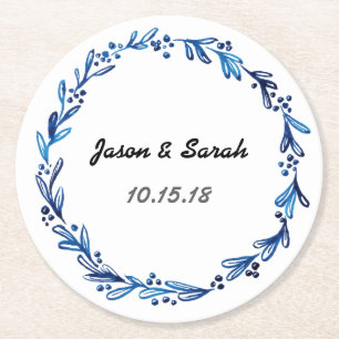 Blue Floral Wreath Customisable Round Paper Coaster